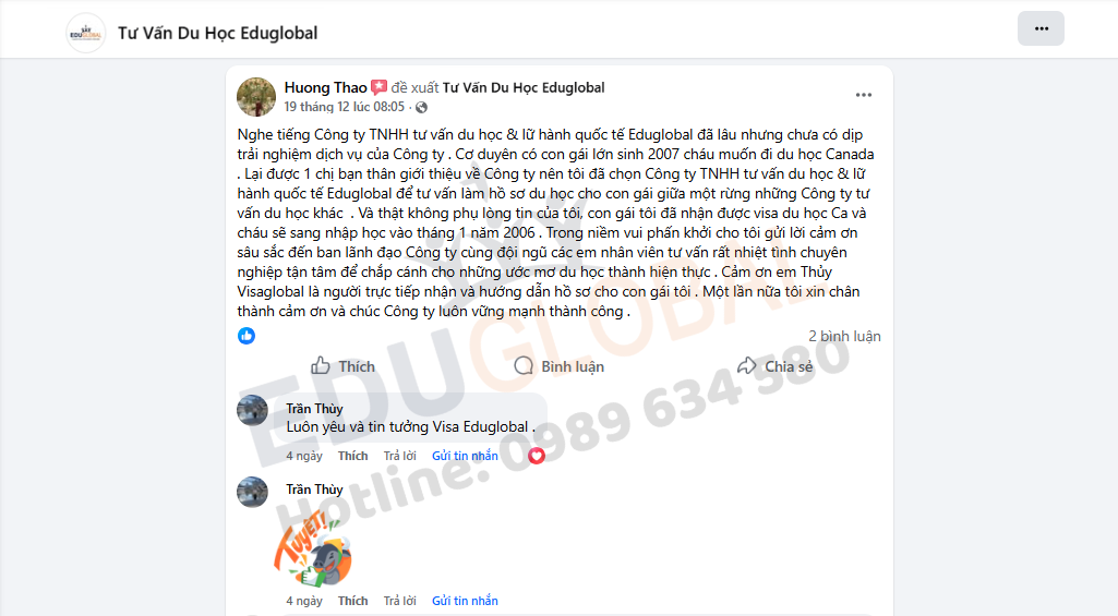 Chia sẻ hạnh phúc của chị Thảo khi EduGlobal thành công xử lý Visa thăm thân Canada cho bạn Hải Anh