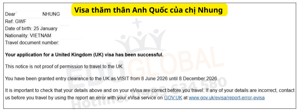 EduGlobal xử lý thành công Visa thăm thân Uk cho cô Nhung