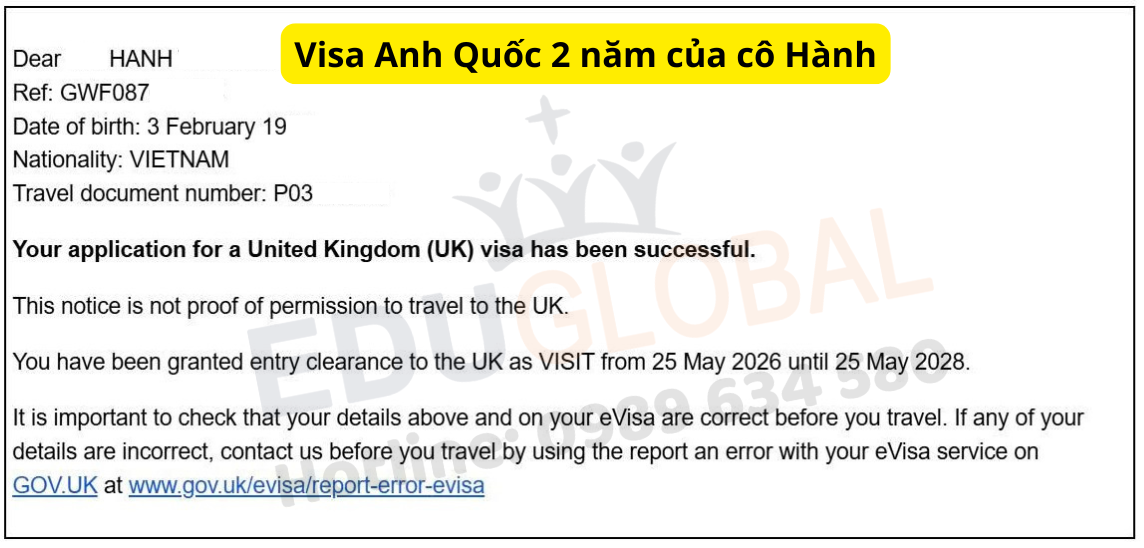 Thành công xử lý Visa thăm thân Uk 2 năm cho cô Hành