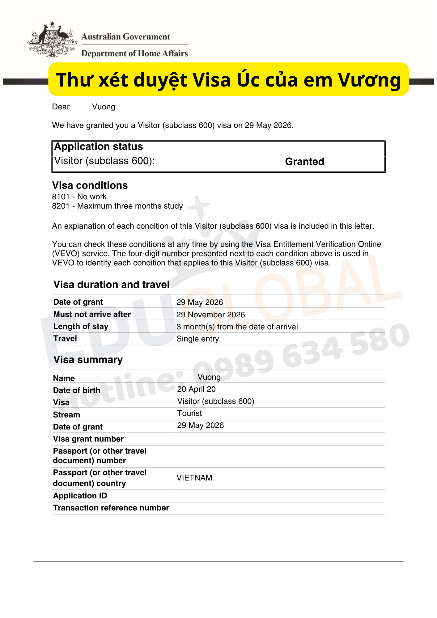 EduGlobal xử lý thành công Visa du lịch Úc cho em Vương