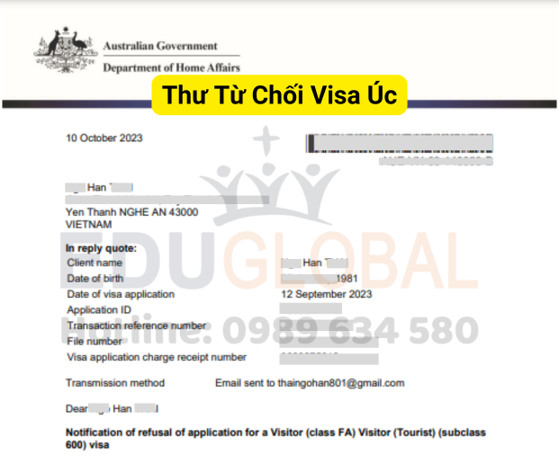 Thư từ chối Visa Úc năm 2023 của anh Hán