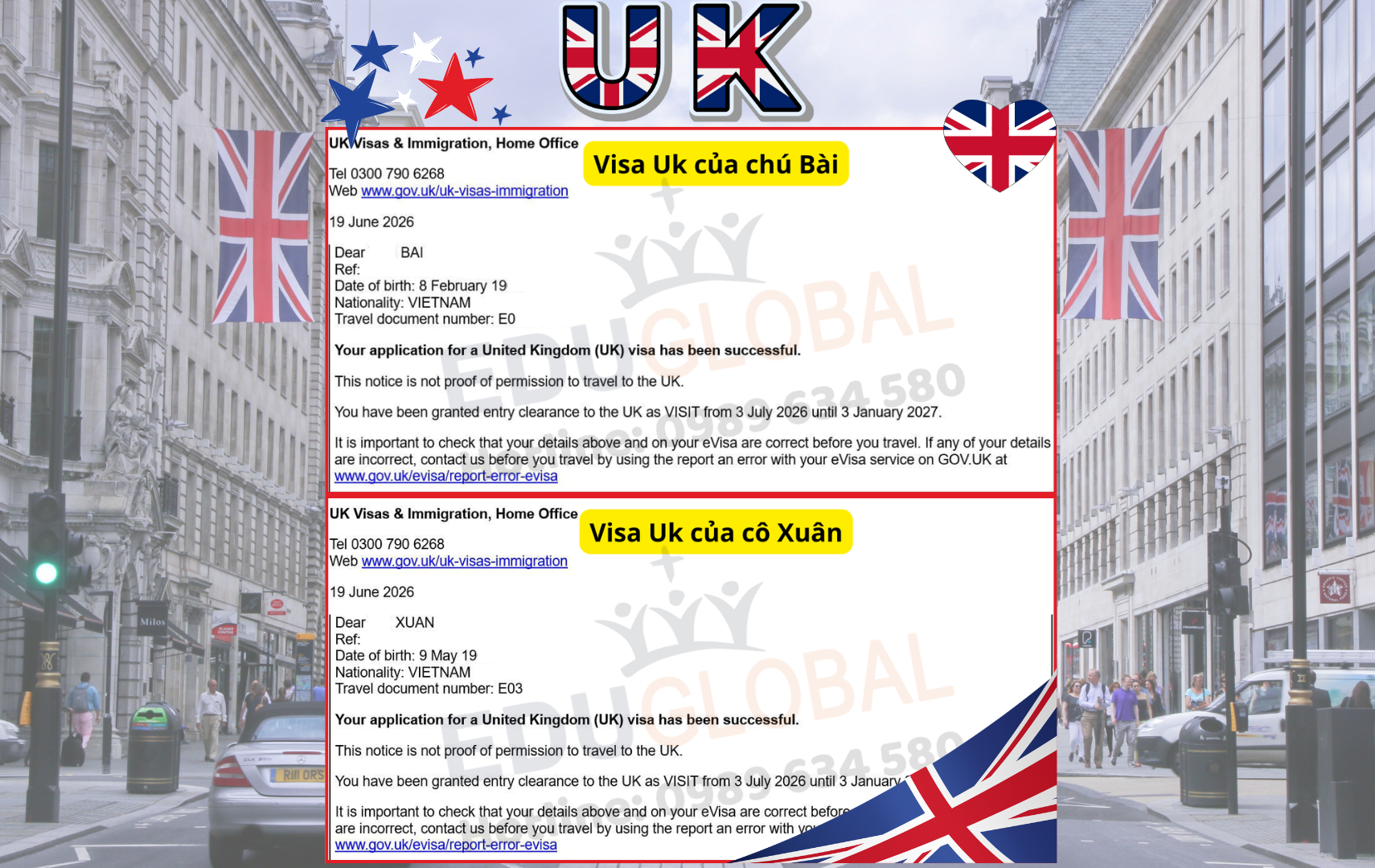 EduGlobal xử lý thành công Visa du lịch Uk cho chú Bài cô Xuân