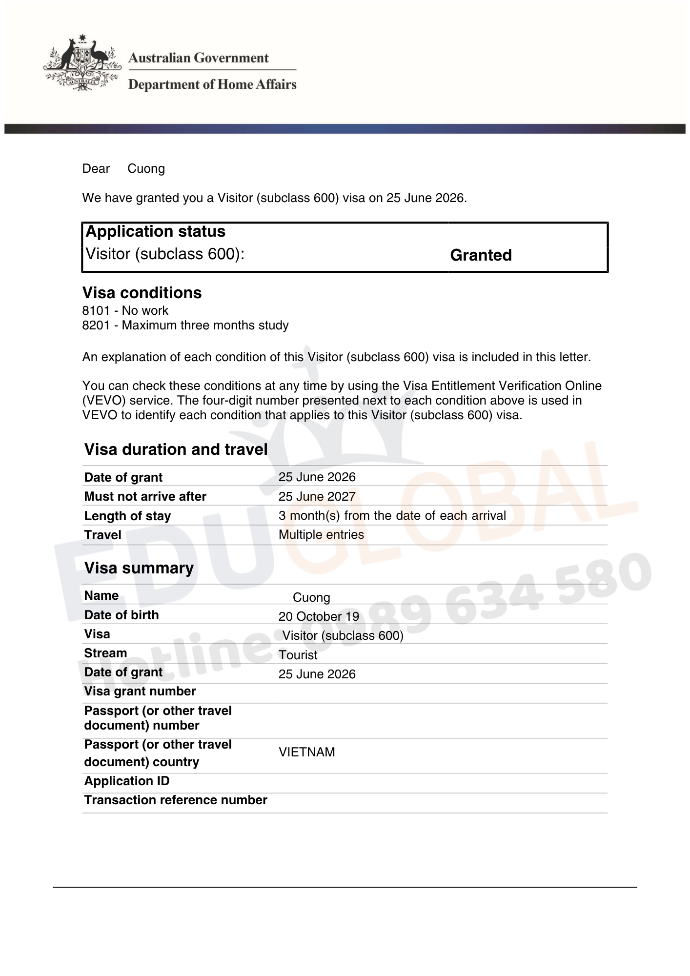 EduGlobal xử lý thành công visa thăm thân Úc cho chú Cường