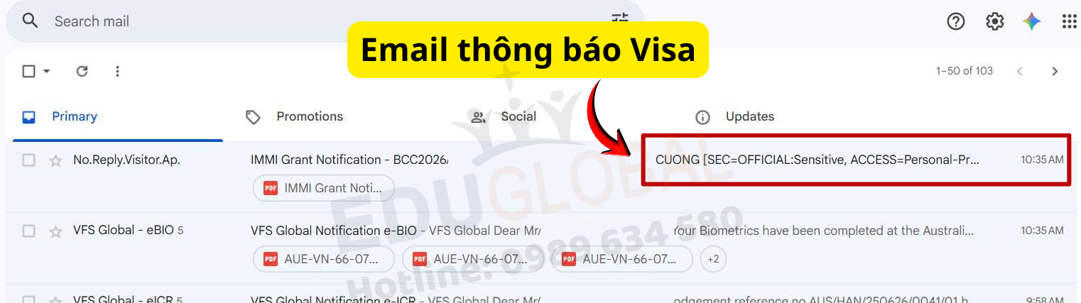 Email thông báo Visa thăm thân Úc của chú Cường