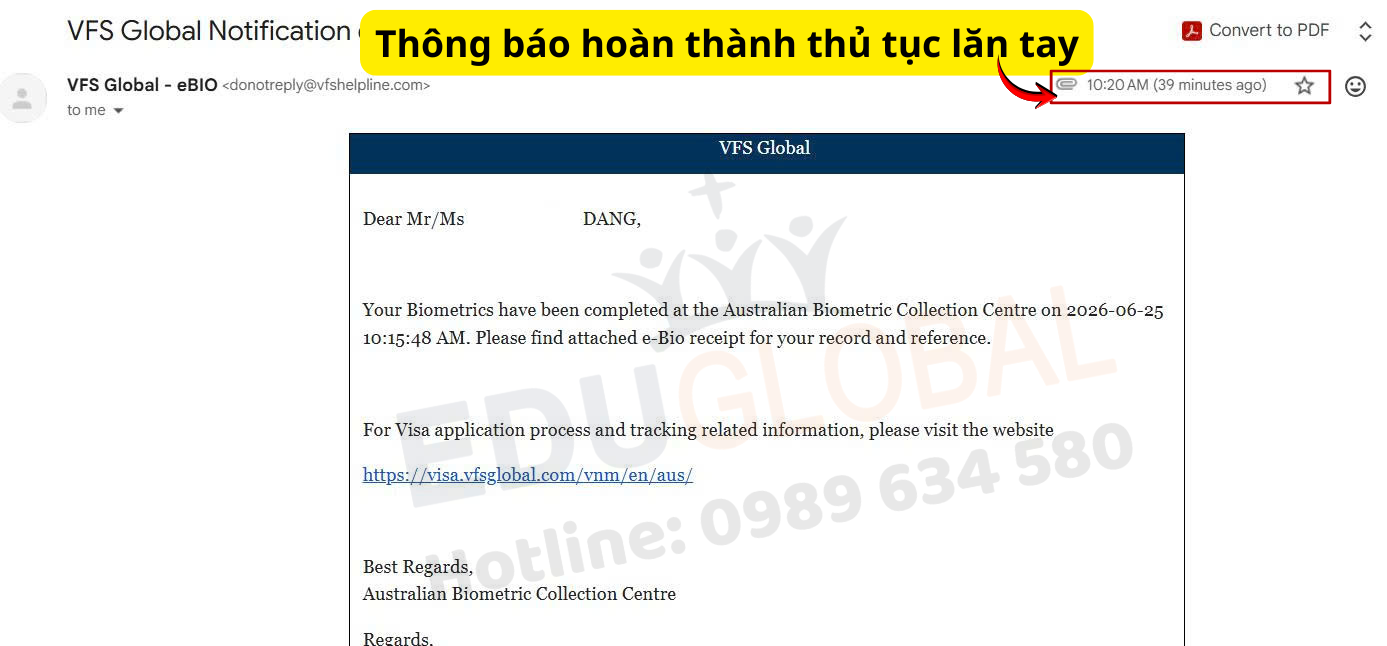 Email thông báo hoàn thành thủ tục lăn tay của chú Cường