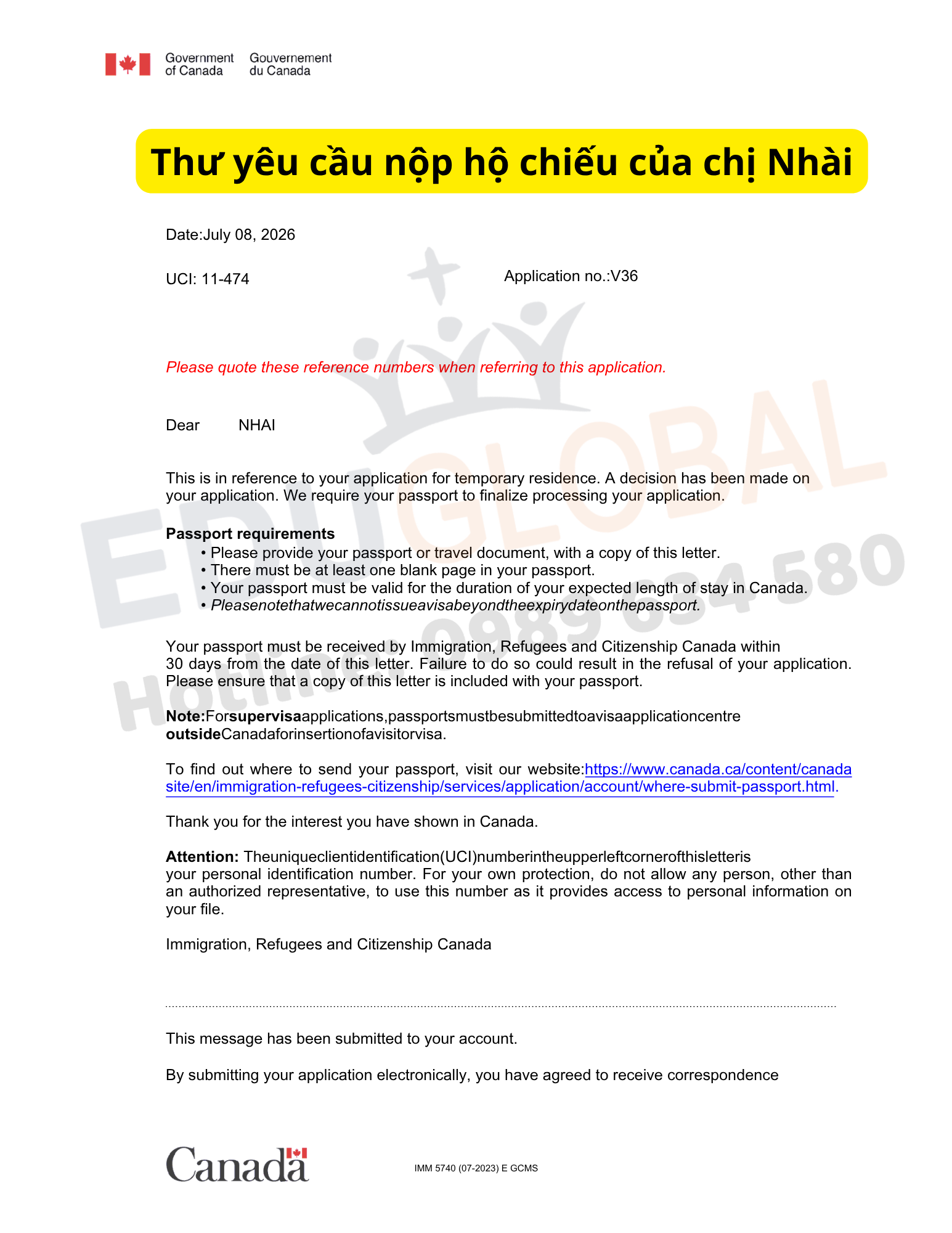 Thư yêu cầu nộp hộ chiếu để dán Visa của chị Nhài