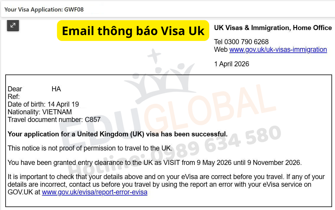 Thành công xử lý Visa thăm thân Uk cho cô Hà tháng 4/2026