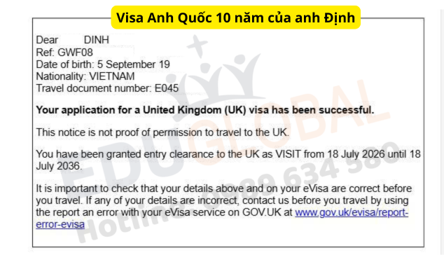 EduGlobal xử lý thành công Visa thăm thân Uk 10 năm cho anh Định