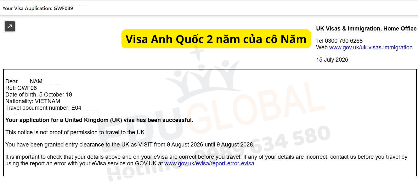 EduGlobal xử lý thành công Visa thăm thân Uk cho cô Năm