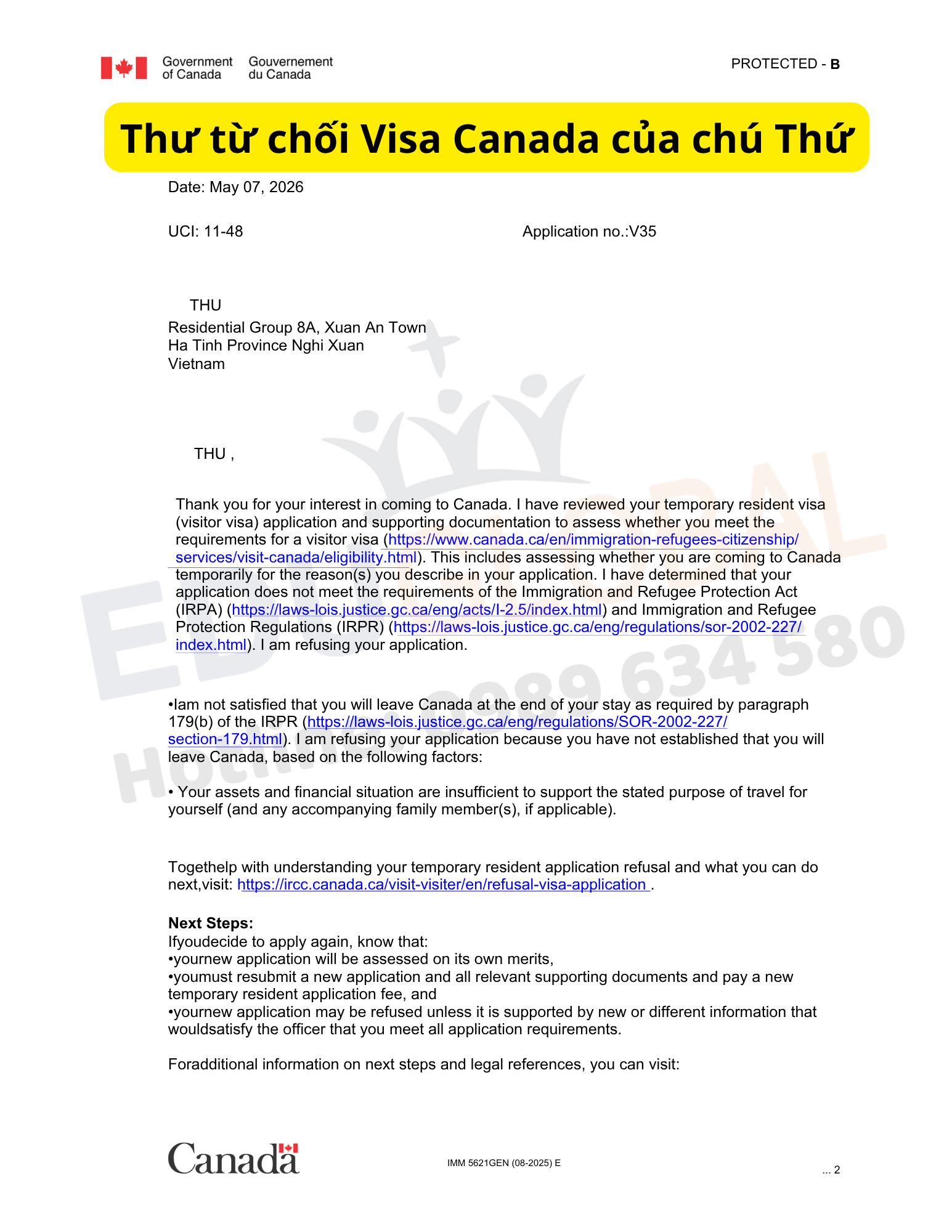 Thư từ chối Visa thăm thân Canada của chú Thứ