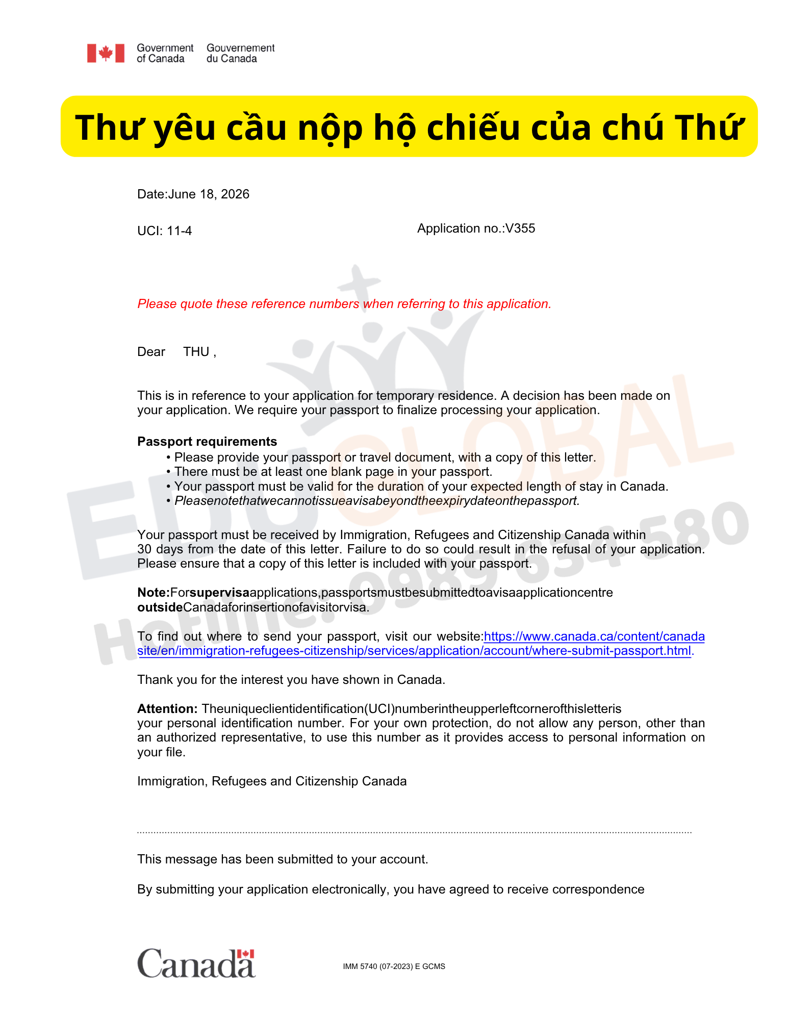 Thư yêu cầu nộp hộ chiếu của chú Thứ