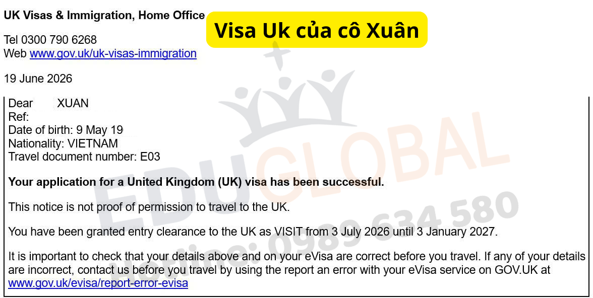 Email thông báo Visa du lịch Uk thành công của cô Xuân