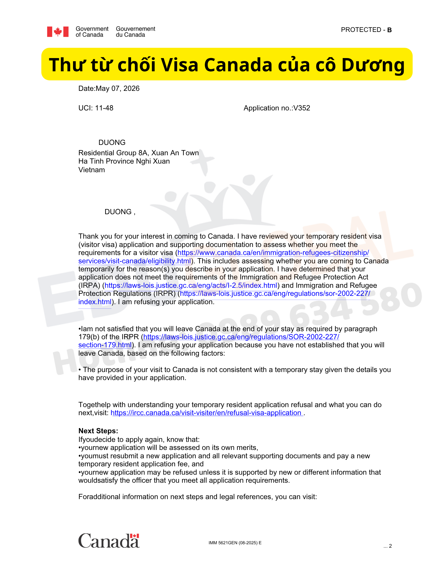 Thư từ chối Visa thăm thân Canada của cô Dương