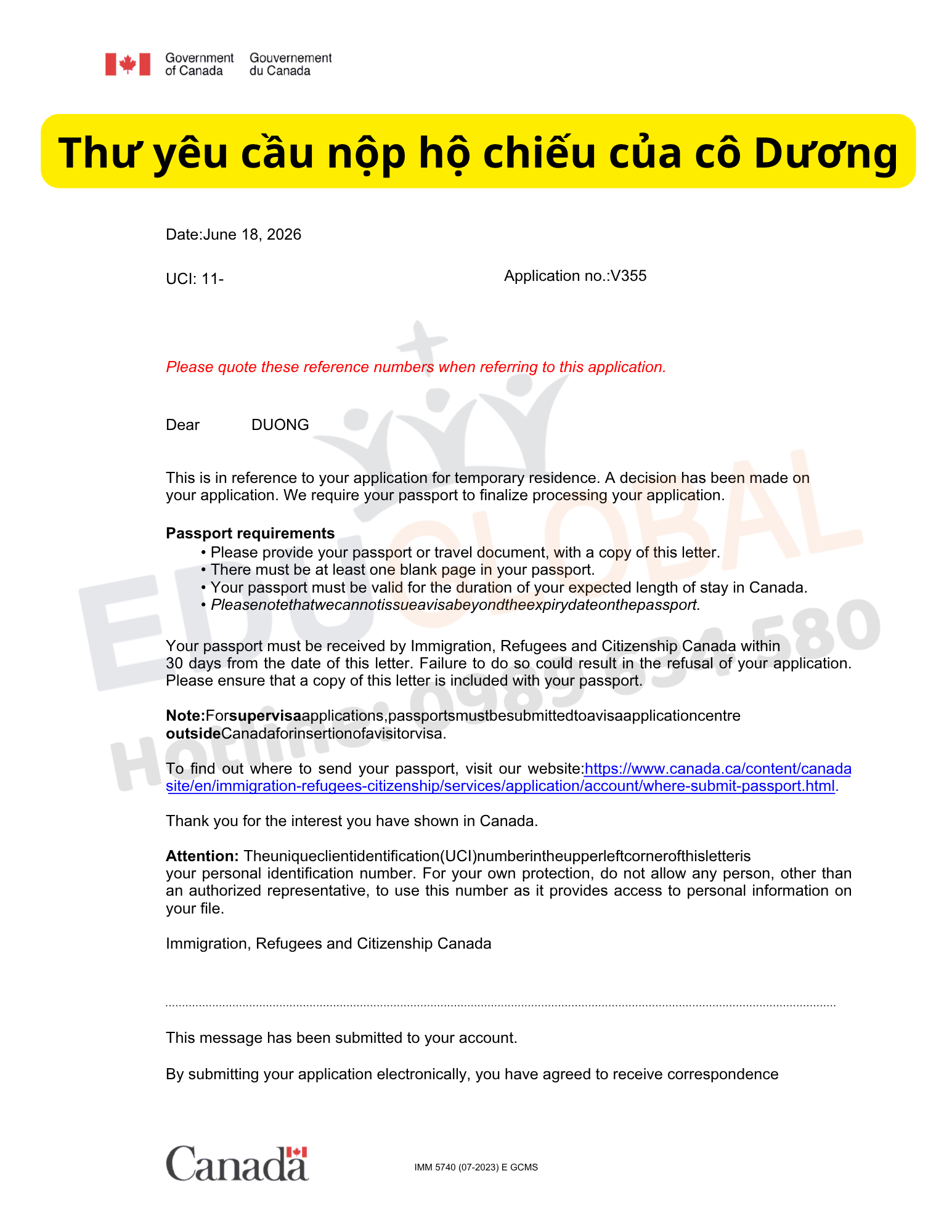 Thư yêu cầu nộp hộ chiếu của cô Dương