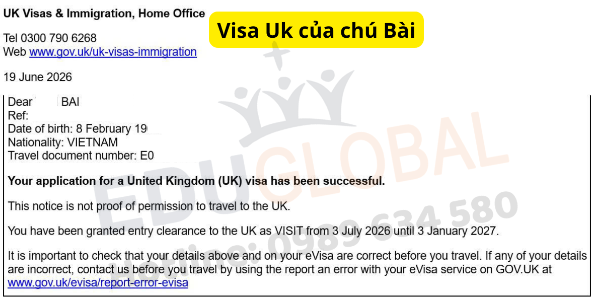 Email thông báo Visa du lịch Uk thành công của chú Bài