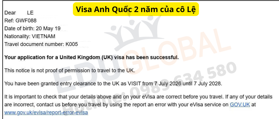 Visa thăm thân Anh Quốc 2 năm thành công về tay cho cô Lệ chỉ sau 1 tuần