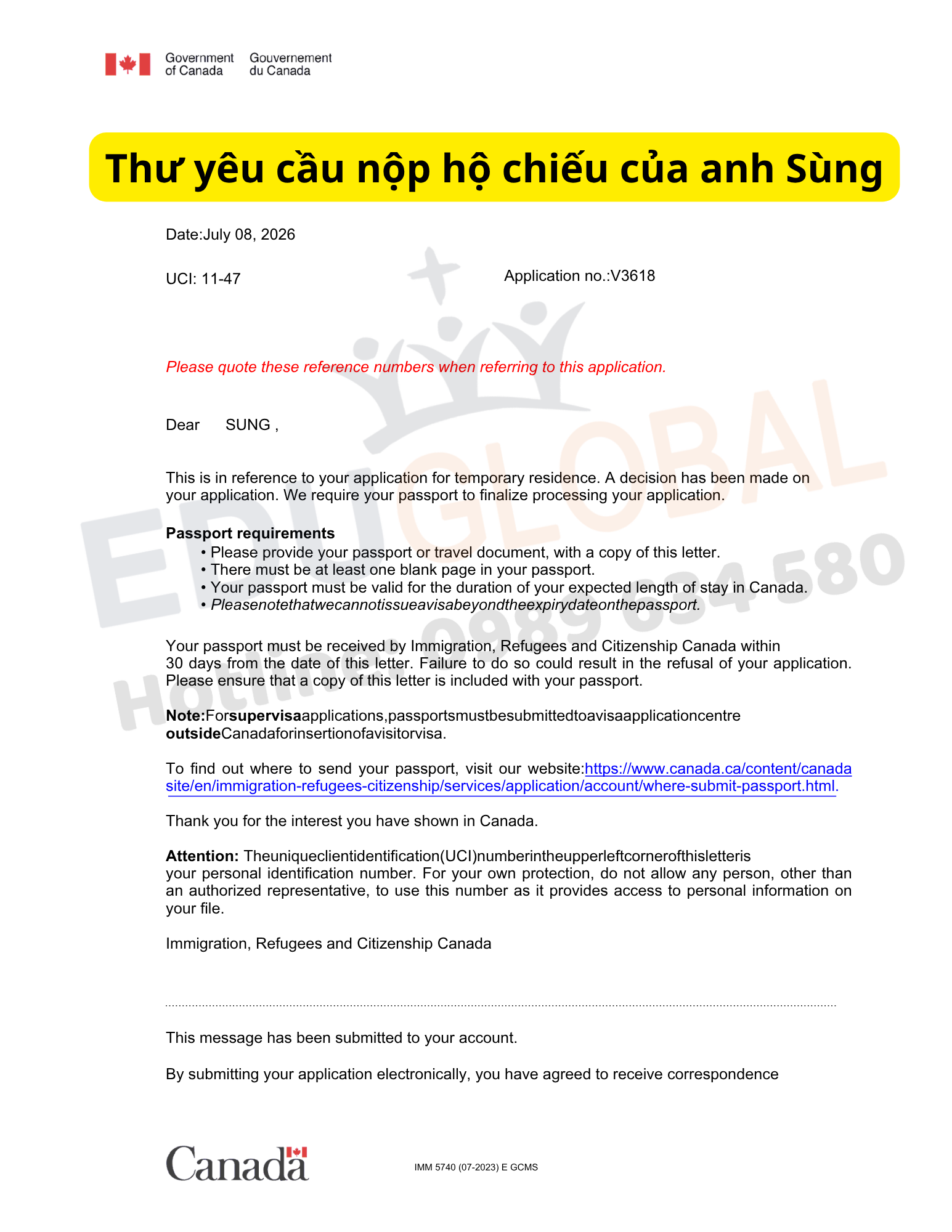 Thư yêu cầu nộp hộ chiếu để dán Visa của anh Sùng