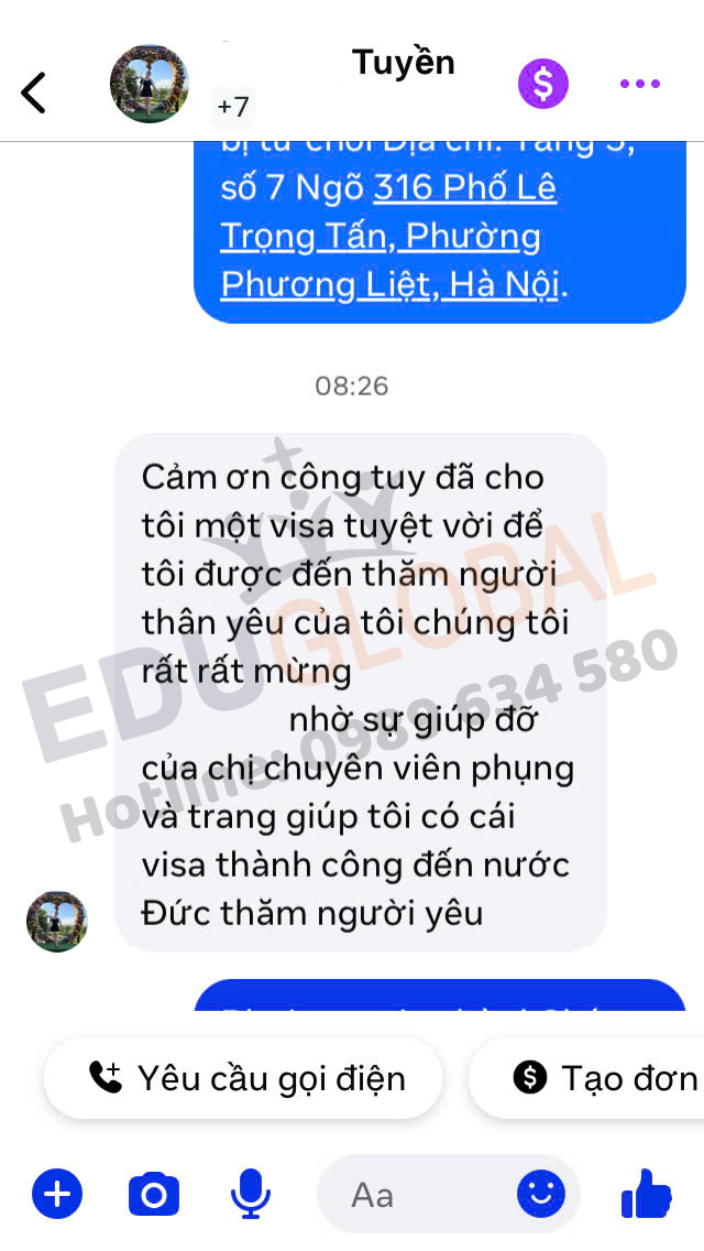 Chia sẻ hạnh phúc của chị Tuyền khi EduGlobal hỗ trợ thành công Visa thăm người yêu tại Đức