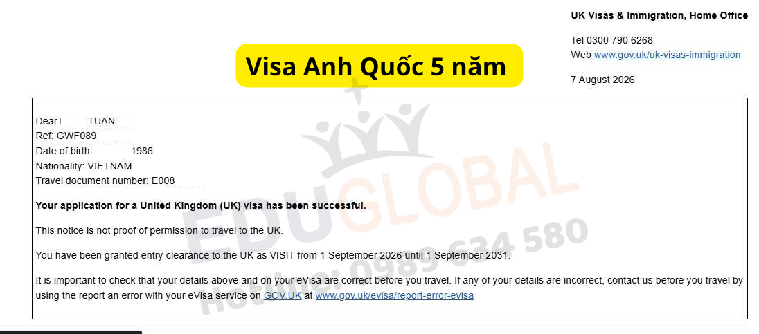 EduGlobal xử lý thành công Visa du lịch Uk 5 năm
