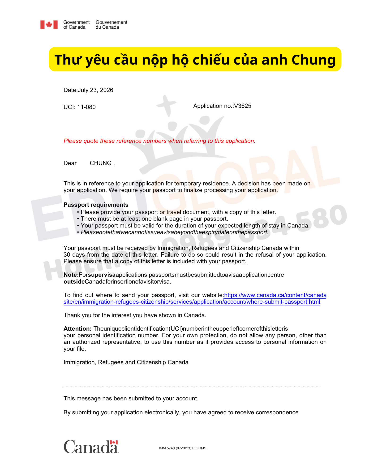 Yêu nầu nộp hộ chiếu Visa du lịch Canada của anh Chung
