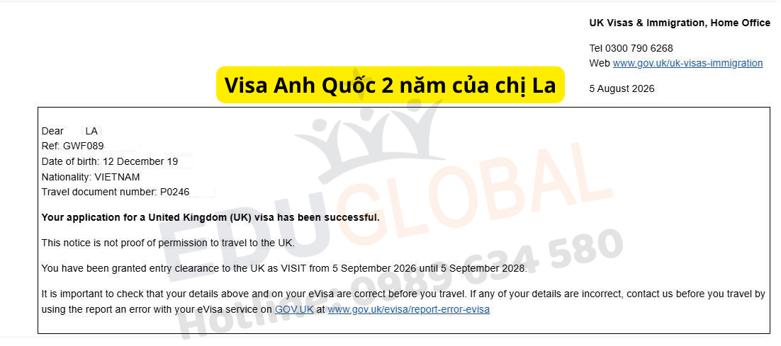 EduGlobal xử lý thành công Visa thăm thân Uk 2 năm cho chị La