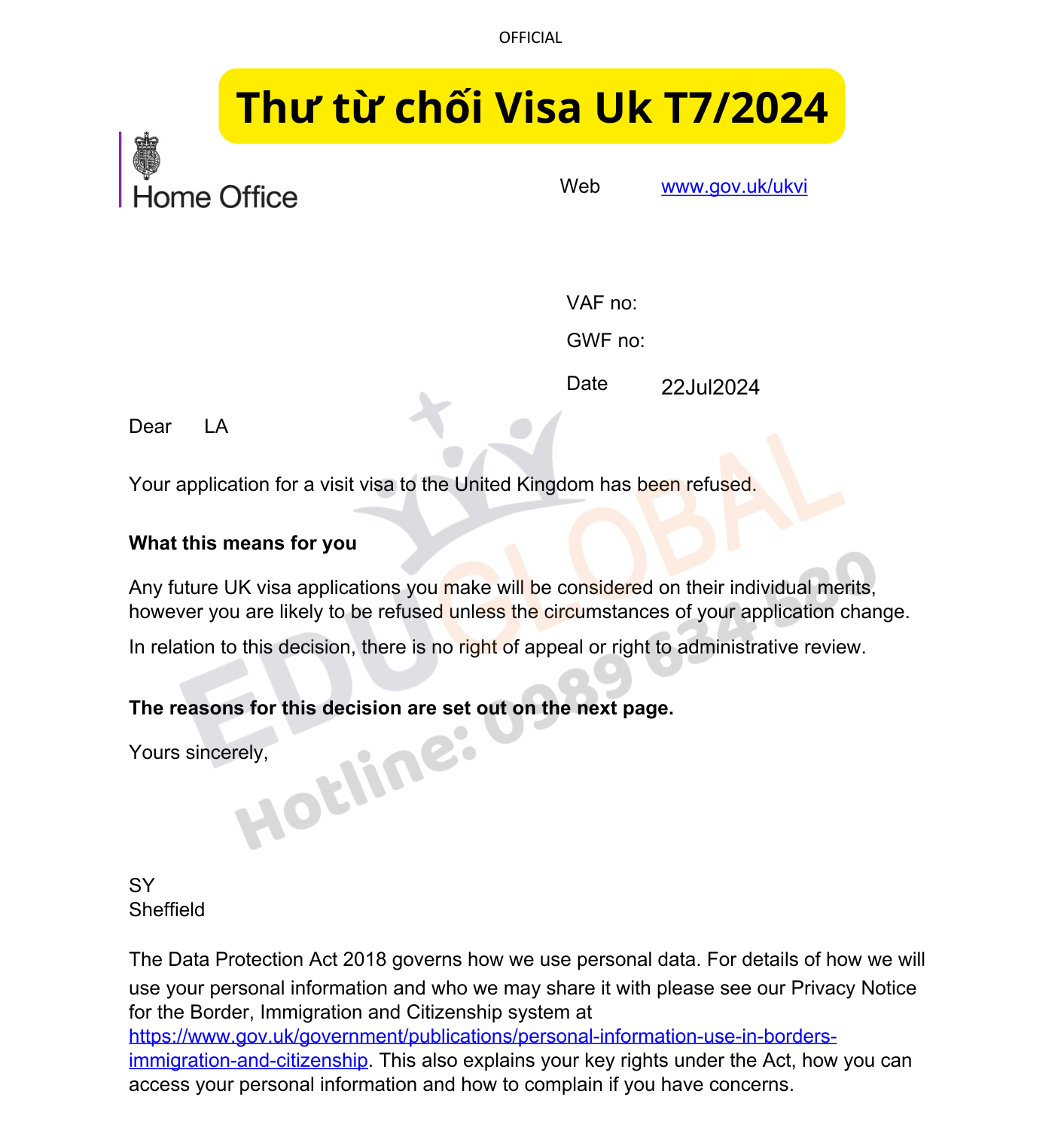 Thư từ chối Visa Uk vào tháng 7/2024 của chị La