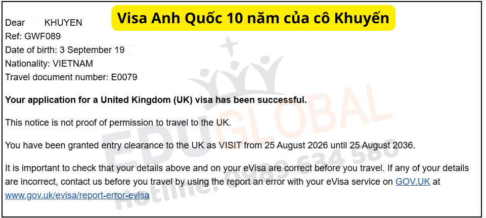 EduGlobal xử lý thành công Visa thăm thân Uk 10 năm cho cô Khuyến