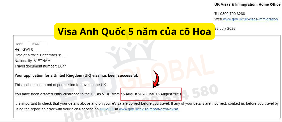 EduGlobal xử lý thành công Visa thăm thân Uk 5 năm cho cô Hoa