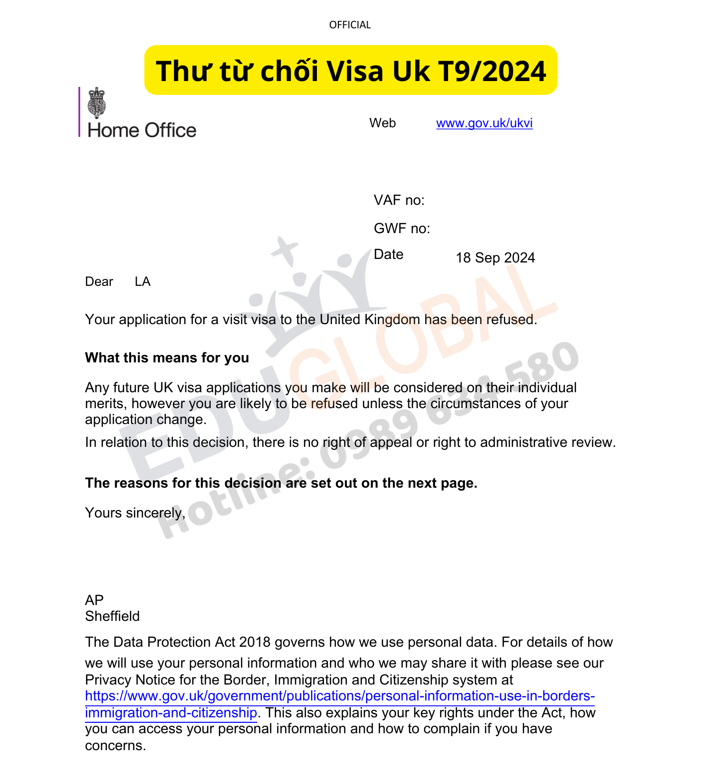 Thư từ chối Visa Uk vào tháng 9/2024 của chị La 