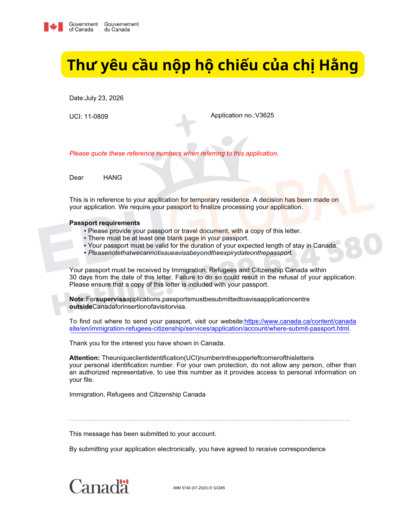 Yêu nầu nộp hộ chiếu Visa du lịch Canada của chị Hằng